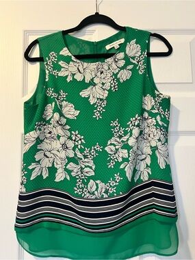 Rose & Olive Green Floral Sleeveless Top with Navy Stripe Hem
